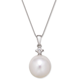 Cultured White South Sea Pearl (12mm) and Diamond (1/10 ct. t.w.) Pendant Necklace in 14k White Gold