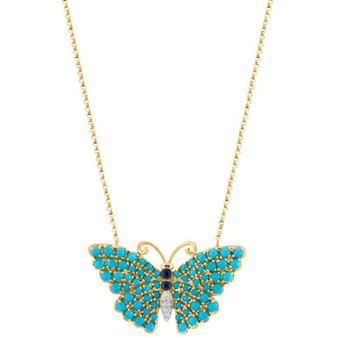 EFFY® Turquoise, Sapphire (1/10 ct. t.w.), & Diamond Accent Butterfly 16" Pendant Necklace in 14k Gold