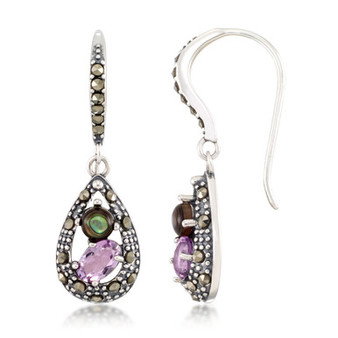 Marcasite, Amethyst ( 9/10 ct. t.w.) and Abalone (1-9/10 ct. t.w.)  Teardrop Wire  Earrings in Sterling Silver