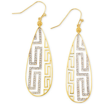 White Crystal Greek Key Drop Earrings in 18k Gold over Sterling Silver
