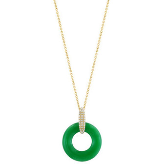 EFFY® Dyed Green Jade & Diamond (1/10 ct. t.w.) Circle 18" Pendant Necklace in 14k Gold