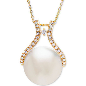 Cultured White Ming Pearl (13mm) & Diamond (1/5 ct. t.w.) Pendant Necklace in 14k Gold