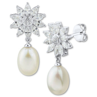 Cultured Freshwater Pearl (9 x 7mm) & Cubic Zirconia Flower Drop Earrings in Sterling Silver
