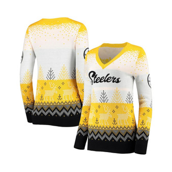 Women's White and Black Pittsburgh Steelers Ugly V-Neck Pullover Sweater