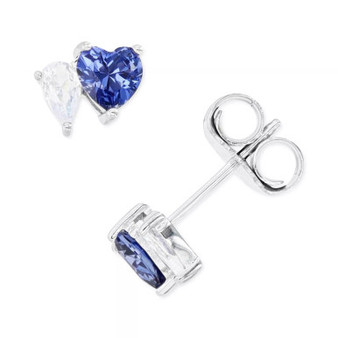 Blue and White Cubic Zirconia Heart Stud Earrings in Sterling Silver or 14k Gold over Sterling Silver