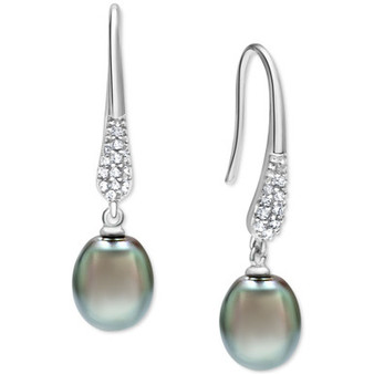 Tahitian Pearl (10mm) & Zircon (1/2 ct. t.w.) Drop Earrings in Sterling Silver