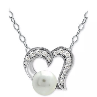 Freshwater Pearl (5mm) & Cubic Zirconia Open Heart Pendant Necklace, 16" + 2" extender, Created for Macy's