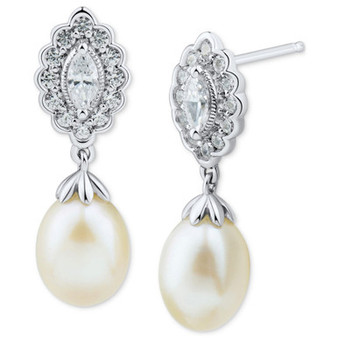 Cultured Freshwater Pearl (7-7.5mm) & Marquise Cubic Zirconia  Drop Earrings in Sterling Silver