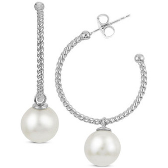 Cultured Freshwater Pearl (8mm) Dangle Hoop Earrings in Sterling Silver