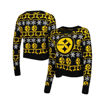 Women's Black Pittsburgh Steelers Ugly Holiday Cropped Sweater