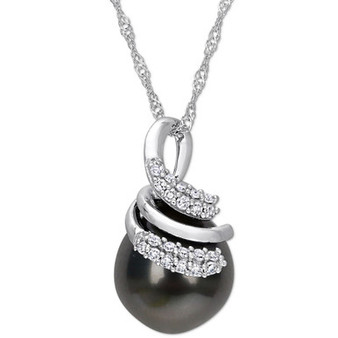 Cultured Tahitian Pearl (9mm) & Diamond (1/10 ct. t.w.) Swirl 17" Pendant Necklace in 14k White Gold