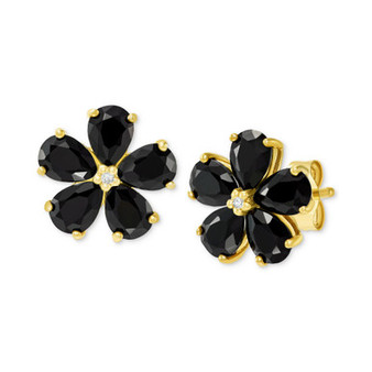 Onyx & Diamond Accent Flower Stud Earrings in 10k Gold