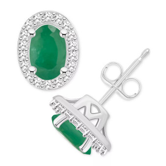 Emerald (1 ct. t.w.) & Diamond (1/6 ct. t.w.) Halo Stud Earrings in Sterling Silver (Also in Ruby & Sapphire)