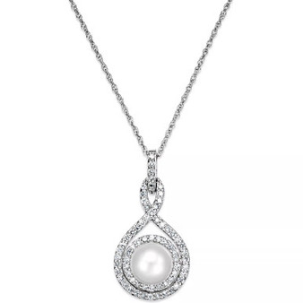White Cultured Pearl (6-1/2mm) and Diamond (1/4 ct. t.w.) Pendant Necklace in 14k Gold