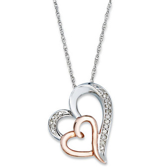Diamond Double Heart Pendant Necklace in Sterling Silver and 14k Rose Gold  (1/10 ct. t.w.)