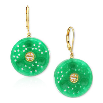 Dyed Green Jade Disc Leverback Drop Earrings in 14k Gold-Plated Sterling Silver