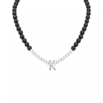 Onyx Bead Initial 18" Pendant Necklace in Sterling Silver