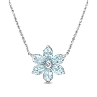 Aquamarine and Diamond Accent Floral Necklace
