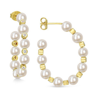 Cultured Freshwater Pearl (4-1/2 - 5mm) & White Topaz (1/2 ct. t.w.) Hoop Earrings in Gold-Tone Plated Sterling Silver