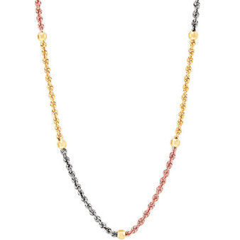 Tricolor Beaded Rope Link 18" Chain Necklace in 10k Gold, White Gold & Rose Gold
