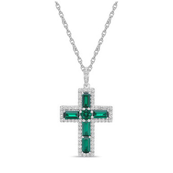 Sterling Silver Halo Birthstone Style Created Emerald and Created White Sapphire Fancy Cut Cross Pendant Necklace