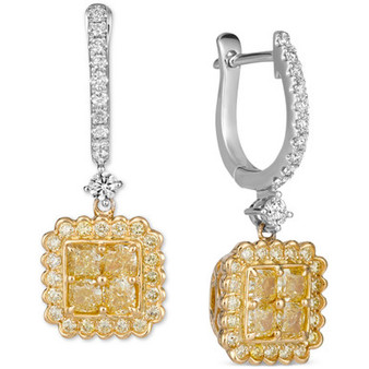 Sunny Yellow Diamond (1-1/2 ct. t.w.) & Vanilla Diamond (1/3 ct. t.w.) Quad Cluster Halo Drop Earrings in Platinum & 18k Gold