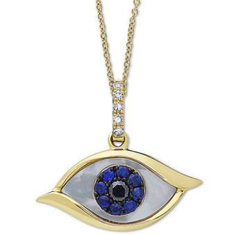 EFFY® Mother-of-Pearl, Sapphire (1/10 ct. t.w.) & Diamond Accent Evil-Eye 18" Pendant Necklace in 14k Gold