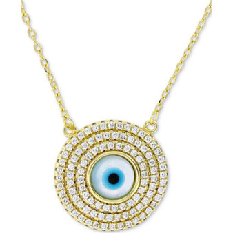Cubic Zirconia & Enamel Evil Eye Halo Pendant Necklace in 14k Gold-Plated Sterling Silver, 16" + 1" extender