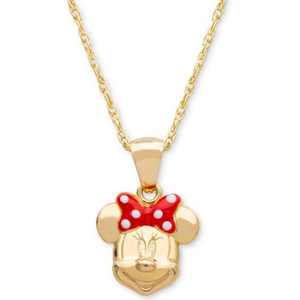 Children's Minnie Mouse 15" Pendant Necklace with Enamel Bow in 14k Gold