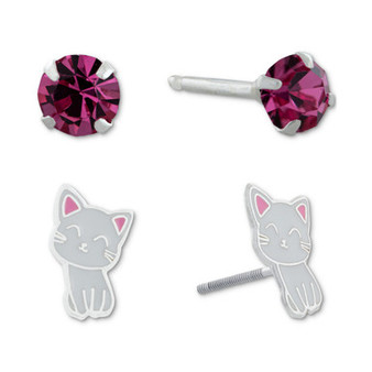 2-Pc. Set Crystal Solitaire & Enamel Kitten Stud Earrings in Sterling Silver, Created for Macy's