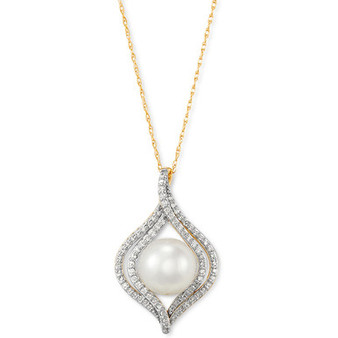 Cultured Freshwater Pearl (8mm) & Diamond (1/4 ct. t.w.) 18" Pendant Necklace in 14k Yellow, White or Rose Gold