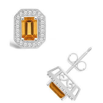Citrine (1-1/10 ct. t.w.) and Diamond (1/5 ct. t.w.) Halo Studs in Sterling Silver