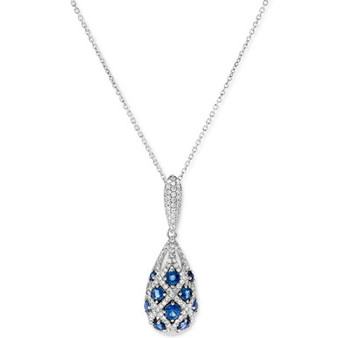 Sapphire (1-1/8 ct. t.w.) & Diamond (1/2 ct. t.w.) Oval Basket-Weave Look 16" Pendant Necklace in 14k White Gold