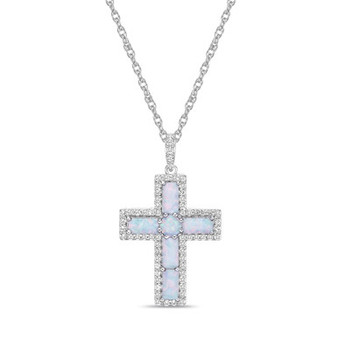 Sterling Silver Halo Birthstone Style Created Opal and Created White Sapphire Fancy Cut Cross Pendant Necklace