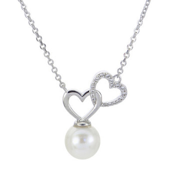 Cultured Freshwater Pearl (8-1/2mm) & White Topaz (1/10 ct. t.w.) Double Heart 18" Pendant Necklace in Sterling Silver