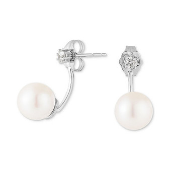 Cultured Freshwater Pearl (7mm) & Diamond (1/10 ct. t.w.) Front & Back Earrings in 14k White Gold