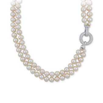 Cultured Freshwater Pearl (7 - 8mm) & Cubic Zirconia Double Strand 17" Collar Necklace