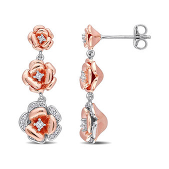 Created White Sapphire (1/8 ct. t.w.) and Diamond (1/10 ct. t.w.) Graduated Floral Earrings in Two-Tone Sterling Silver