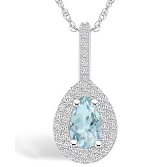 Aquamarine (3/4 Ct. T.W.) and Diamond (3/8 Ct. T.W.) Halo Pendant Necklace in 14K White Gold