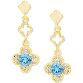 Lab-Created Aquamarine (7/8 ct. t.w.) & Lab-Created White Sapphire (1/4 ct. t.w.) Quatrefoil Drop Earrings in 14k Gold-Plated Sterling Silver