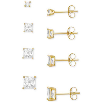 4-Pc. Set Cubic Zirconia Princess Stud Earrings in 18k Gold-Plated Sterling Silver, Created for Macy's