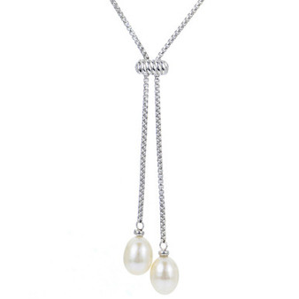 Cultured Freshwater Pearl (9-10mm) Lariat Necklace in Sterling Silver, 16" + 2" extender