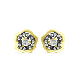 Cubic Zirconia with Black Rhodium Flower Stud Earrings, 18K Gold over Silver