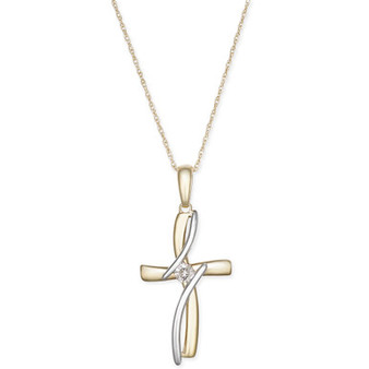 Diamond Accent Cross Pendant Necklace in 10k Yellow and White Gold