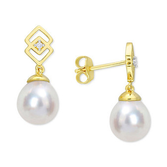 Cultured South Sea Oval Pearl (8-9mm) & White Topaz Accent Drop Earrings in Gold-Tone Sterling Silver