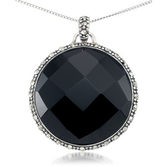 Faceted Onyx (28 x 5mm) & Marcasite Medallion Pendant on 18" Chain in Sterling Silver