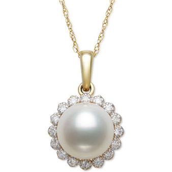 Cultured Freshwater Pearl (7mm) & Diamond (1/8 ct. t.w.) Halo 18" Pendant Necklace in 14k Gold. Created for Macy's