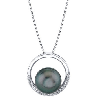 Cultured Tahitian Pearl (11mm) & Diamond (1/6 ct. t.w.) Circle 18" Pendant Necklace in 14k White Gold