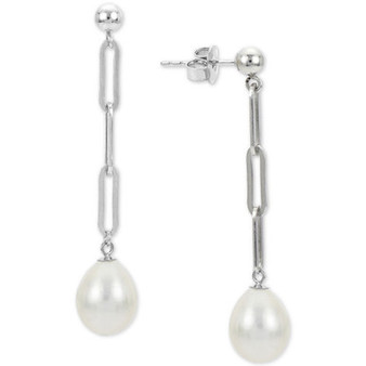 Cultured Freshwater Pearl (9mm) Paperclip Chain Drop Earrings in Sterling Silver