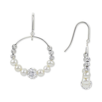 Cultured Freshwater Pearl (4-5mm) Graduated Leaf & Crystal Circle Drop Earrings in Sterling Silver
